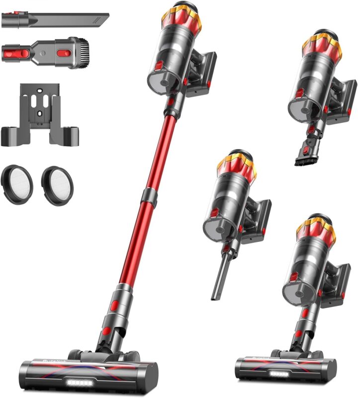 Akku Staubsauger 45000Pa/550W/65Min, 1,6L Staubsauger Kabellos mit Display, Anti-Tangle-Bürste, Selbststehend, Wandladestation, 8-Schicht-Filtration, Ultraleise, für Tierhaare/Teppiche/Hartböden/Auto