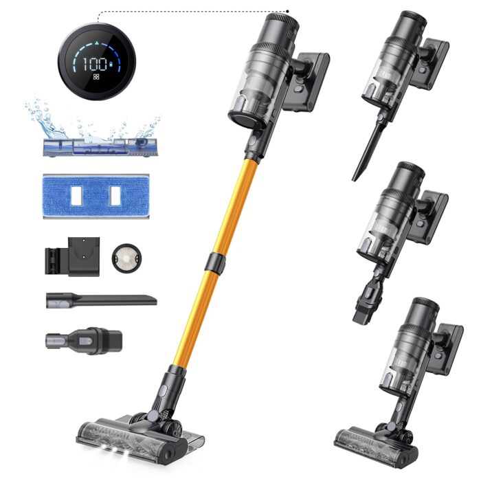 Proscenic P20 Akku Staubsauger mit Wischfunktion, 70KPa 70 Mins 680W Staubsauger Kabellos mit Selbststehend Wandladestation Anti-Tangle 6 Schichten Filter 1,5L, für Teppiche Haustierhaare,Aurum Black