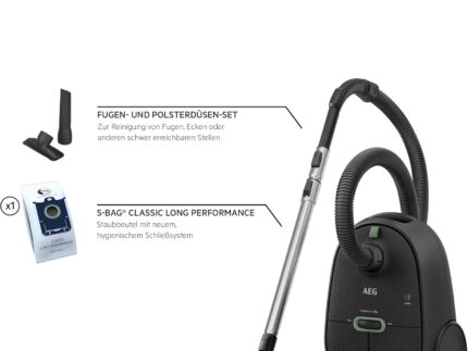 AEG CLEAN 6000 ÖKO Staubsauger mit Beutel, Hohe Saugleistung, Zusatzdüsen, XL-Räder, Edelstahl-Teleskoprohr, aus 65% Recyclingmaterial, 12 m Kabel, 850 Watt, Zubehör, Grau, AB61C1OKO