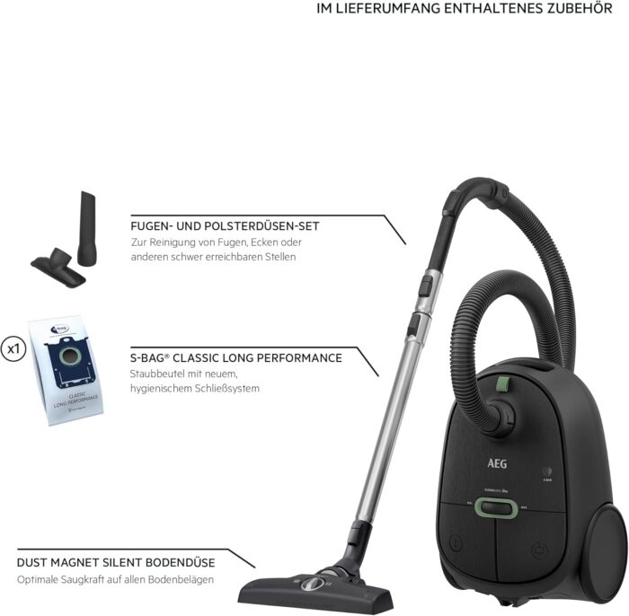 AEG CLEAN 6000 ÖKO Staubsauger mit Beutel, Hohe Saugleistung, Zusatzdüsen, XL-Räder, Edelstahl-Teleskoprohr, aus 65% Recyclingmaterial, 12 m Kabel, 850 Watt, Zubehör, Grau, AB61C1OKO