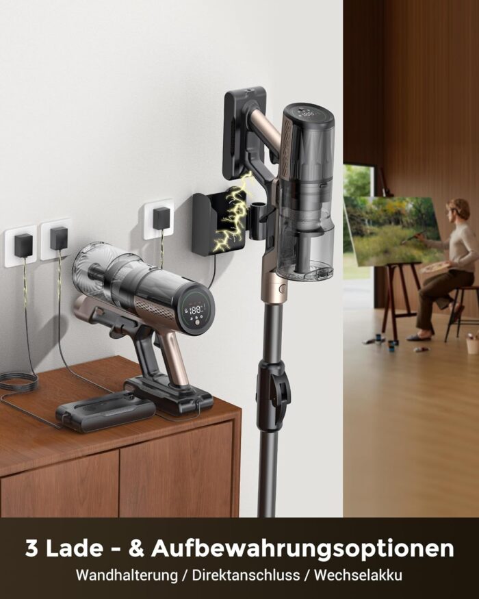 Proscenic P20 Akku Staubsauger mit Wischfunktion, 70KPa 70 Mins 680W Staubsauger Kabellos mit Selbststehend Wandladestation Anti-Tangle 6 Schichten Filter 1,5L, für Teppiche Haustierhaare,Aurum Black