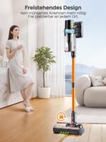 Akku Staubsauger 50KPA/600W/65Min,Selbststehender Staubsauger Kabellos mit 1M Ausziehbarer Schlauch,Wandladestation,Automatikmodus,Anti-Tangle-Bürste,Mehrstufige Filtration für Teppiche/Hartböden/Auto