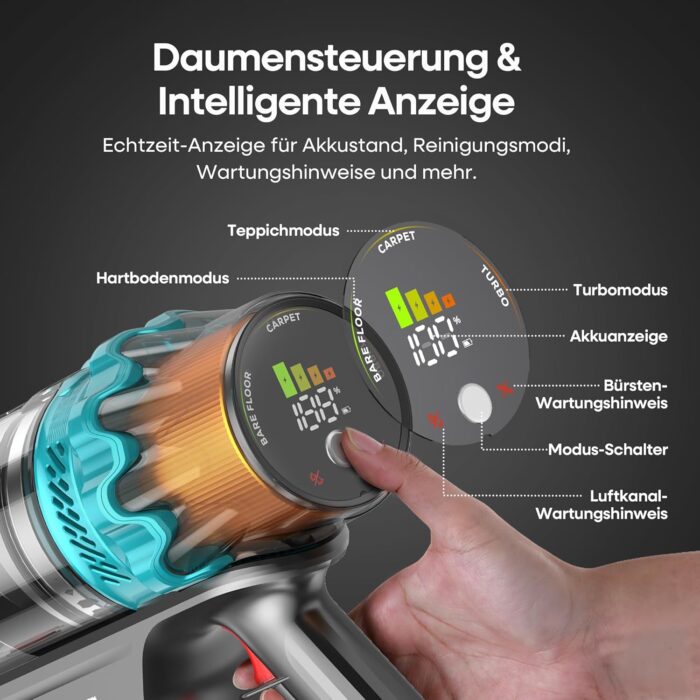 ElecKeys Akku Staubsauger 50000Pa/580W/70Min, Staubsauger Kabellos mit LED Display, 1,8L Akkustaubsauger mit Anti-Tangle-Bürste, Selbststehend für Tierhaare Teppiche Hartböden Auto, Blau, K10