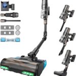 Proscenic P20 Akku Staubsauger mit Wischfunktion, 70KPa 70 Mins 680W Staubsauger Kabellos mit Selbststehend Wandladestation Anti-Tangle 6 Schichten Filter 1,5L, für Teppiche Haustierhaare,Aurum Black