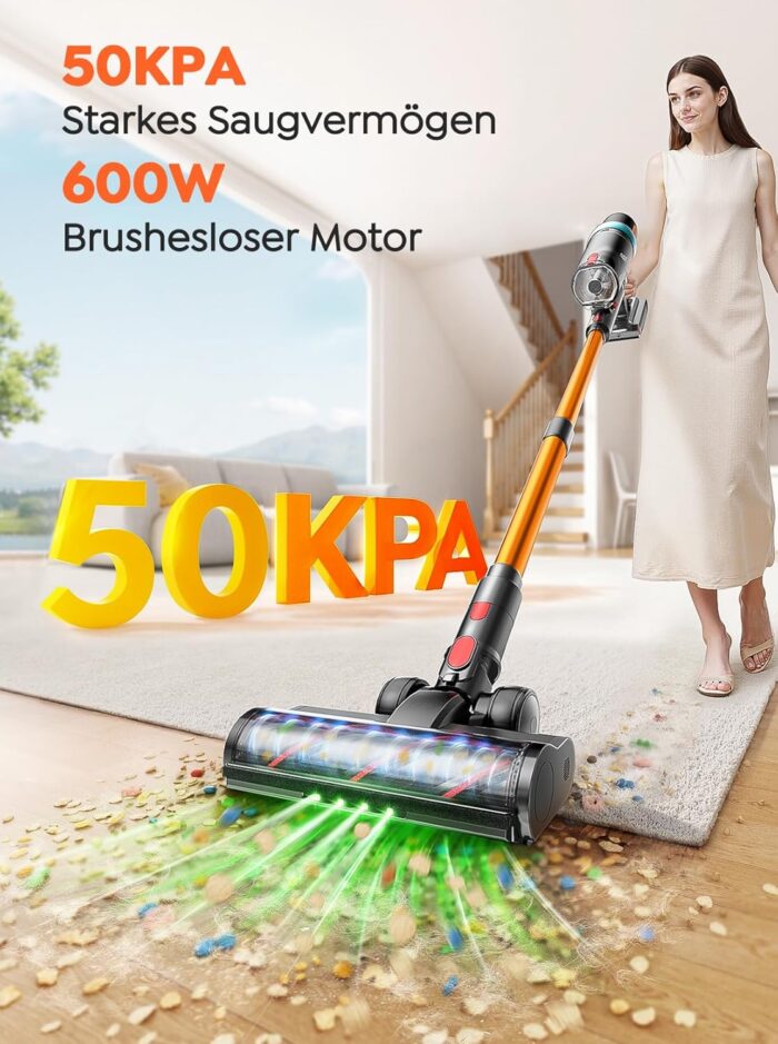 Akku Staubsauger 50KPA/600W/65Min,Selbststehender Staubsauger Kabellos mit 1M Ausziehbarer Schlauch,Wandladestation,Automatikmodus,Anti-Tangle-Bürste,Mehrstufige Filtration für Teppiche/Hartböden/Auto