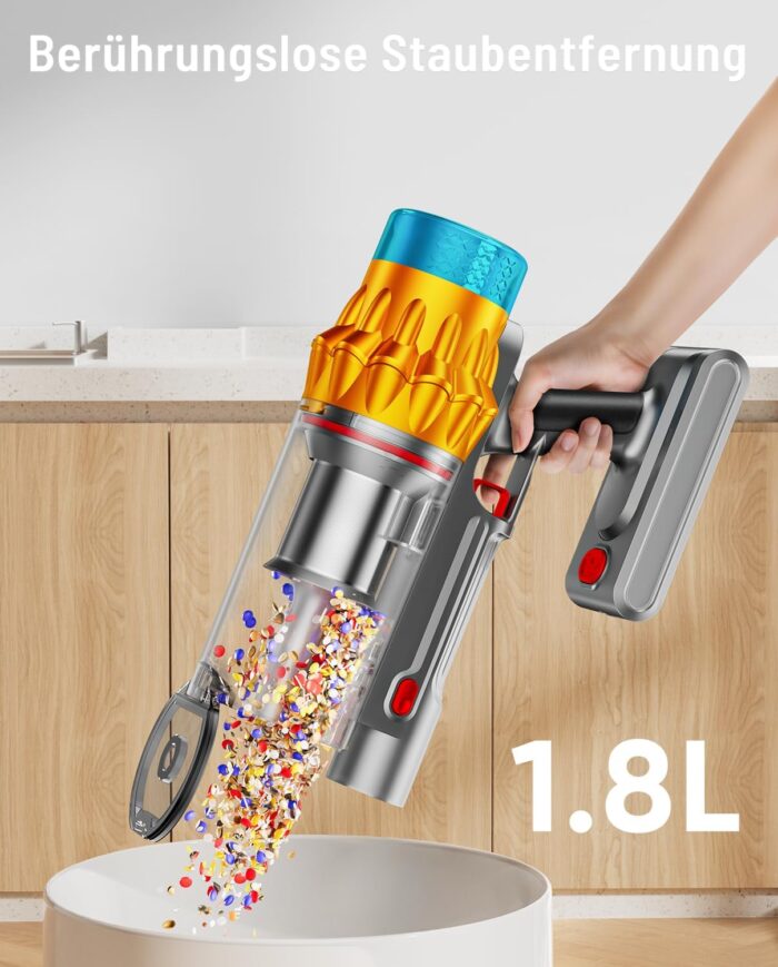Akku Staubsauger, 50KPA/600W/70Mins Staubsauger Kabellos mit Selbststehend, 1,8L Großer Staubbecher, Anti-Tangle-Bürste, 8-stufiges Filtersystem Grünes Licht für Hartböden Teppiche Tierhaare