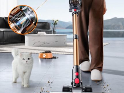 SMOTURE Akku Staubsauger 50000Pa/600W/65Min, Staubsauger Kabellos mit Mini-Elektrobürste, 1M Schlauch, Aromafunktion, Touchscreen,Anti-Tangle-Bürste,Selbststehend für Tierhaare/Teppiche/Hartböden/Auto