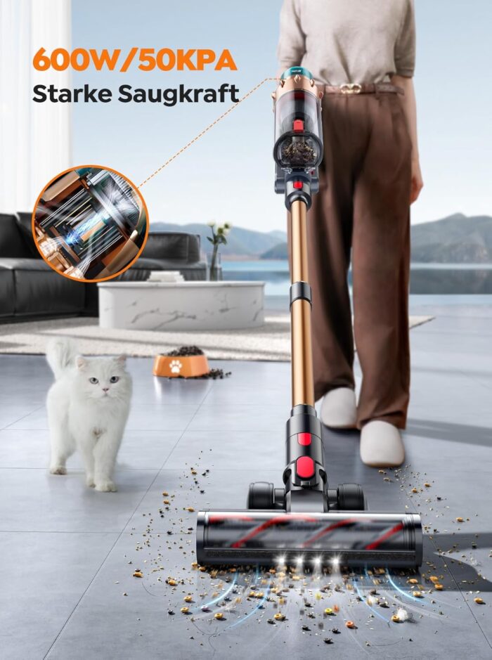 SMOTURE Akku Staubsauger 50000Pa/600W/65Min, Staubsauger Kabellos mit Mini-Elektrobürste, 1M Schlauch, Aromafunktion, Touchscreen,Anti-Tangle-Bürste,Selbststehend für Tierhaare/Teppiche/Hartböden/Auto