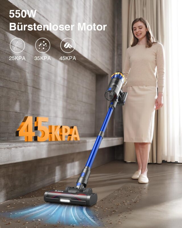Akku Staubsauger 45000Pa/550W/65Min, 1,6L Staubsauger Kabellos mit Display, Anti-Tangle-Bürste, Selbststehend, Wandladestation, 8-Schicht-Filtration, Ultraleise, für Tierhaare/Teppiche/Hartböden/Auto