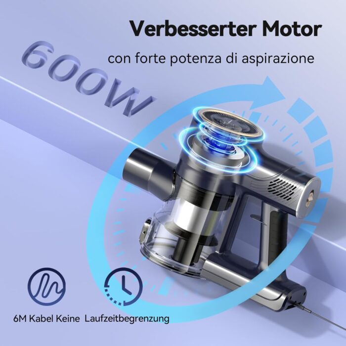 Staubsauger, 6-in-1 Stielstaubsauger & Handstaubsauger mit 6M Kabel, 23Kpa stark Saugkraft, 600W Motor, freistehender Staubsauger Beutellos Vacuum Cleaner für Harte Böden Teppich, klein leicht leiser