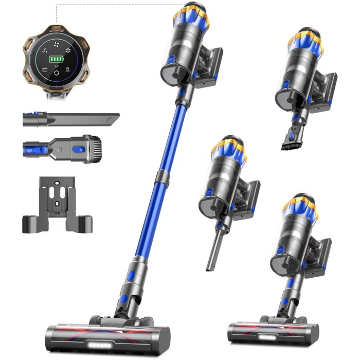 Akku Staubsauger 45000Pa/550W/65Min, 1,6L Staubsauger Kabellos mit Display, Anti-Tangle-Bürste, Selbststehend, Wandladestation, 8-Schicht-Filtration, Ultraleise, für Tierhaare/Teppiche/Hartböden/Auto