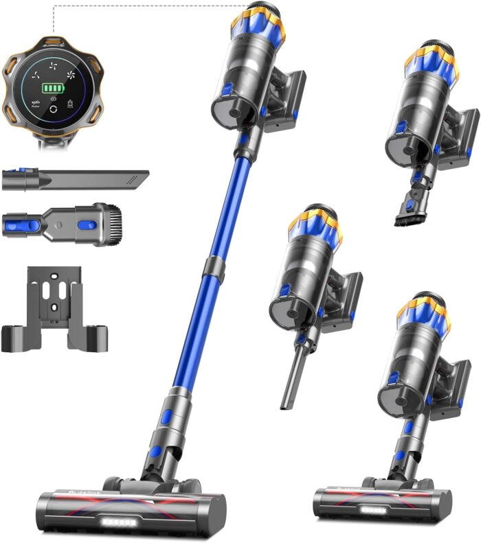 Akku Staubsauger 45000Pa/550W/65Min, 1,6L Staubsauger Kabellos mit Display, Anti-Tangle-Bürste, Selbststehend, Wandladestation, 8-Schicht-Filtration, Ultraleise, für Tierhaare/Teppiche/Hartböden/Auto