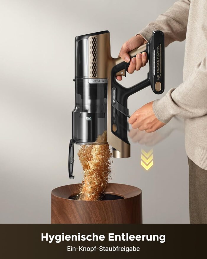 Proscenic P20 Akku Staubsauger mit Wischfunktion, 70KPa 70 Mins 680W Staubsauger Kabellos mit Selbststehend Wandladestation Anti-Tangle 6 Schichten Filter 1,5L, für Teppiche Haustierhaare,Aurum Black