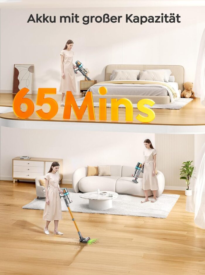 Akku Staubsauger 50KPA/600W/65Min,Selbststehender Staubsauger Kabellos mit 1M Ausziehbarer Schlauch,Wandladestation,Automatikmodus,Anti-Tangle-Bürste,Mehrstufige Filtration für Teppiche/Hartböden/Auto