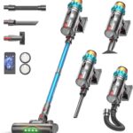 ElecKeys Akku Staubsauger 50000Pa/580W/70Min, Staubsauger Kabellos mit LED Display, 1,8L Akkustaubsauger mit Anti-Tangle-Bürste, Selbststehend für Tierhaare Teppiche Hartböden Auto, Blau, K10