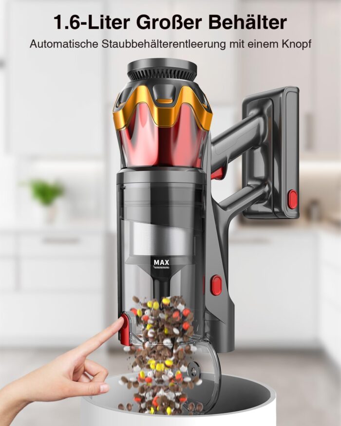 Akku Staubsauger 45000Pa/550W/65Min, 1,6L Staubsauger Kabellos mit Display, Anti-Tangle-Bürste, Selbststehend, Wandladestation, 8-Schicht-Filtration, Ultraleise, für Tierhaare/Teppiche/Hartböden/Auto