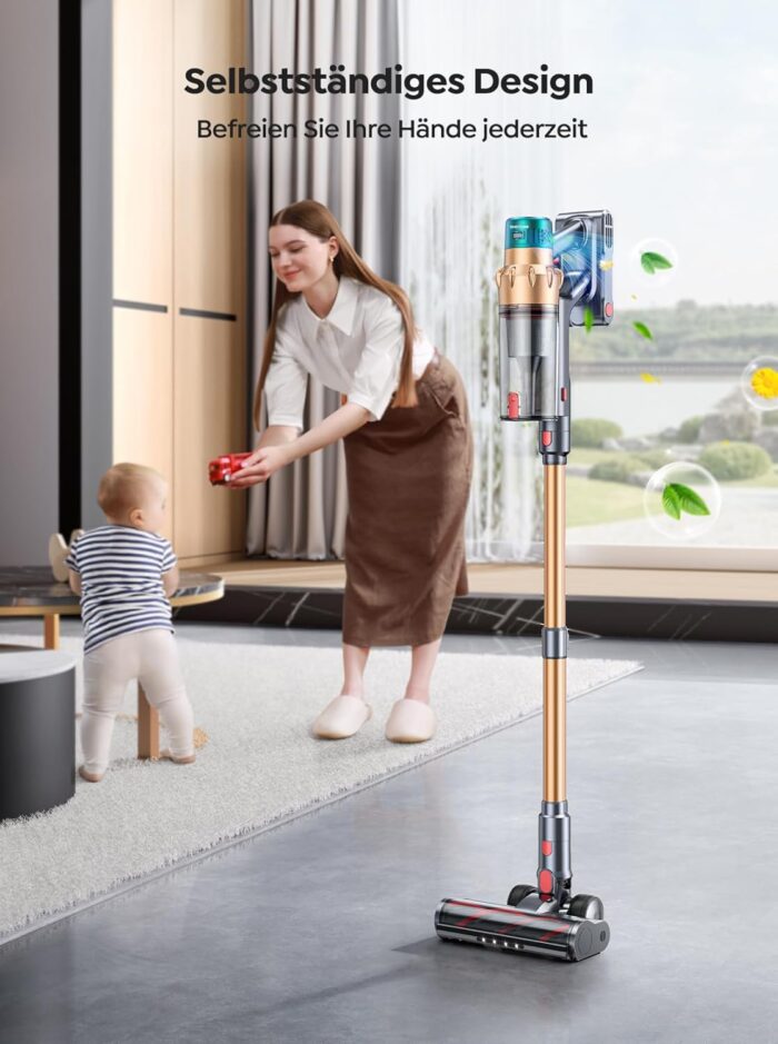 SMOTURE Akku Staubsauger 50000Pa/600W/65Min, Staubsauger Kabellos mit Mini-Elektrobürste, 1M Schlauch, Aromafunktion, Touchscreen,Anti-Tangle-Bürste,Selbststehend für Tierhaare/Teppiche/Hartböden/Auto