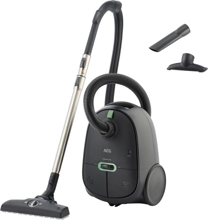 AEG CLEAN 6000 ÖKO Staubsauger mit Beutel, Hohe Saugleistung, Zusatzdüsen, XL-Räder, Edelstahl-Teleskoprohr, aus 65% Recyclingmaterial, 12 m Kabel, 850 Watt, Zubehör, Grau, AB61C1OKO