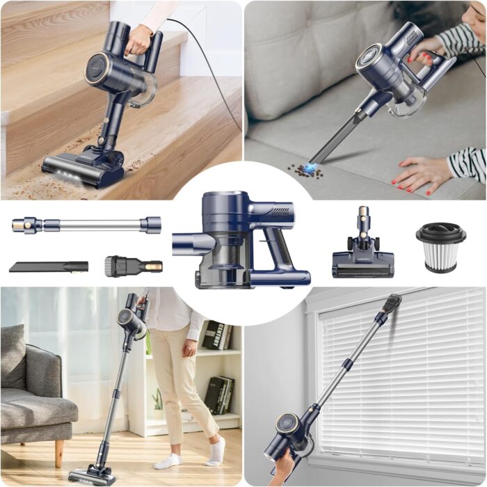 Staubsauger, 6-in-1 Stielstaubsauger & Handstaubsauger mit 6M Kabel, 23Kpa stark Saugkraft, 600W Motor, freistehender Staubsauger Beutellos Vacuum Cleaner für Harte Böden Teppich, klein leicht leiser