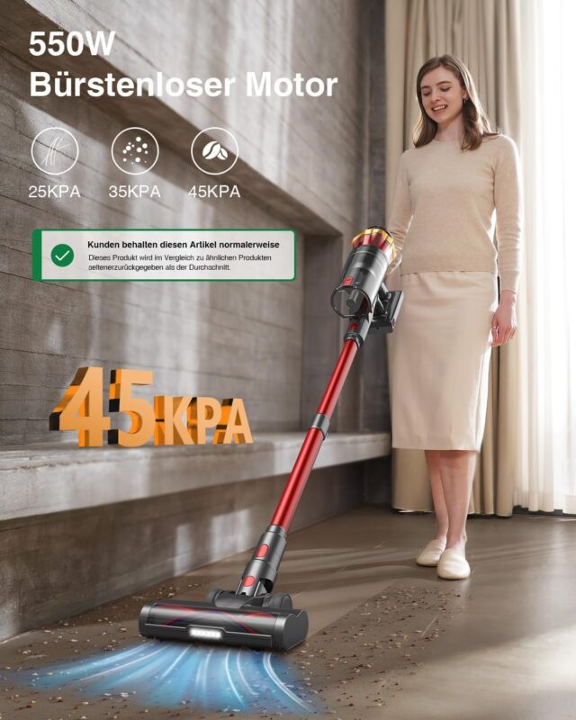 Akku Staubsauger 45000Pa/550W/65Min, 1,6L Staubsauger Kabellos mit Display, Anti-Tangle-Bürste, Selbststehend, Wandladestation, 8-Schicht-Filtration, Ultraleise, für Tierhaare/Teppiche/Hartböden/Auto