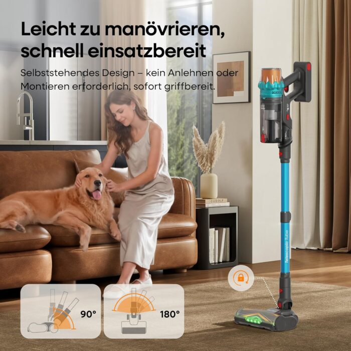ElecKeys Akku Staubsauger 50000Pa/580W/70Min, Staubsauger Kabellos mit LED Display, 1,8L Akkustaubsauger mit Anti-Tangle-Bürste, Selbststehend für Tierhaare Teppiche Hartböden Auto, Blau, K10