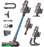 Akku Staubsauger 50KPA/600W/65Min,Selbststehender Staubsauger Kabellos mit 1M Ausziehbarer Schlauch,Wandladestation,Automatikmodus,Anti-Tangle-Bürste,Mehrstufige Filtration für Teppiche/Hartböden/Auto
