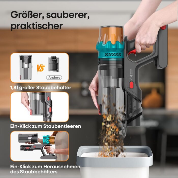 ElecKeys Akku Staubsauger 50000Pa/580W/70Min, Staubsauger Kabellos mit LED Display, 1,8L Akkustaubsauger mit Anti-Tangle-Bürste, Selbststehend für Tierhaare Teppiche Hartböden Auto, Blau, K10