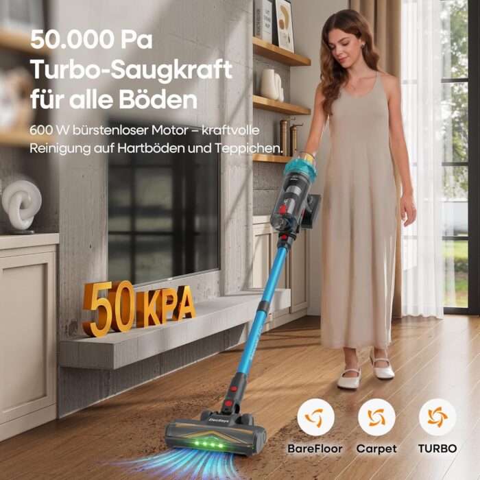 ElecKeys Akku Staubsauger 50000Pa/580W/70Min, Staubsauger Kabellos mit LED Display, 1,8L Akkustaubsauger mit Anti-Tangle-Bürste, Selbststehend für Tierhaare Teppiche Hartböden Auto, Blau, K10